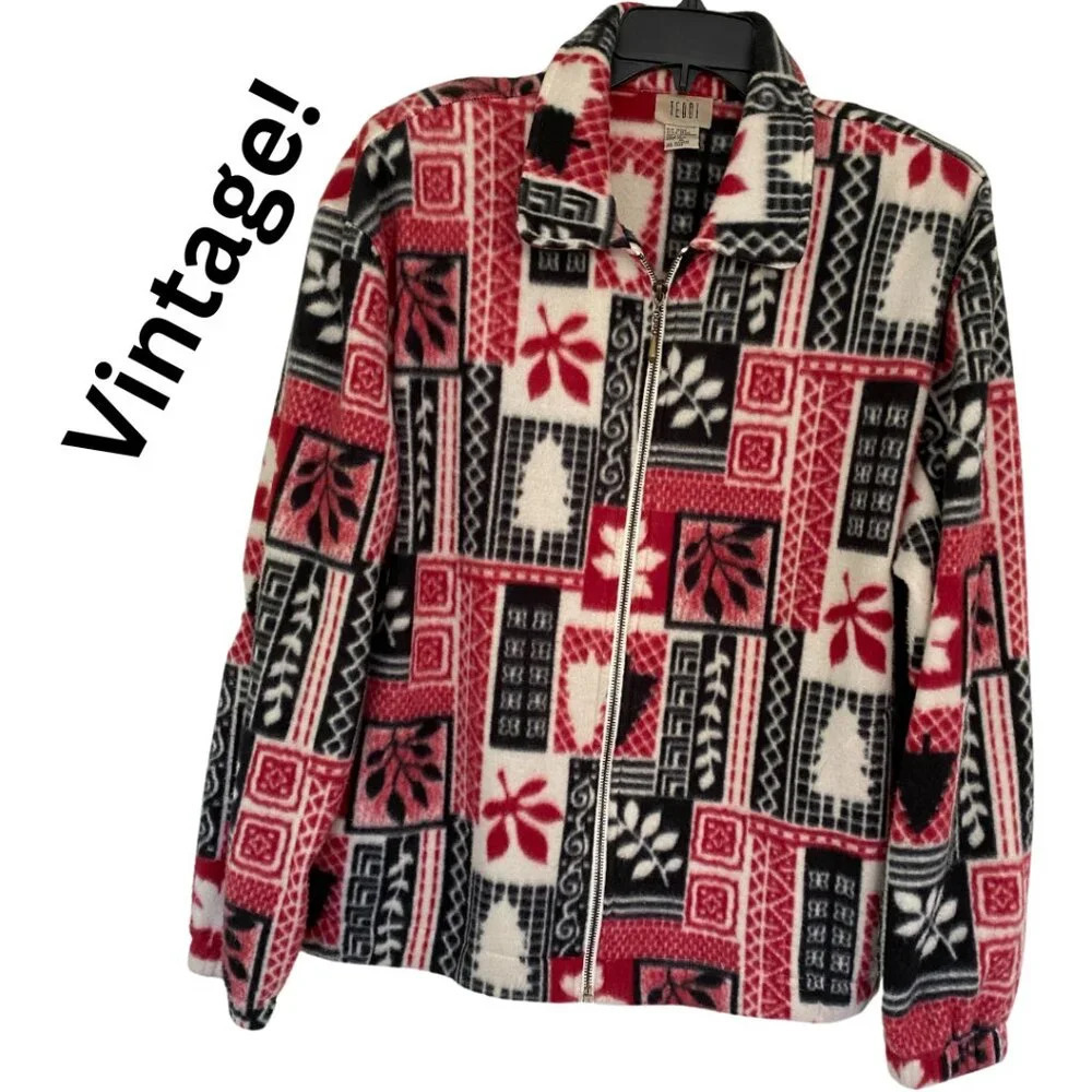 Teddi Red Black White Patterned Zip-Up Fleece Jacket
